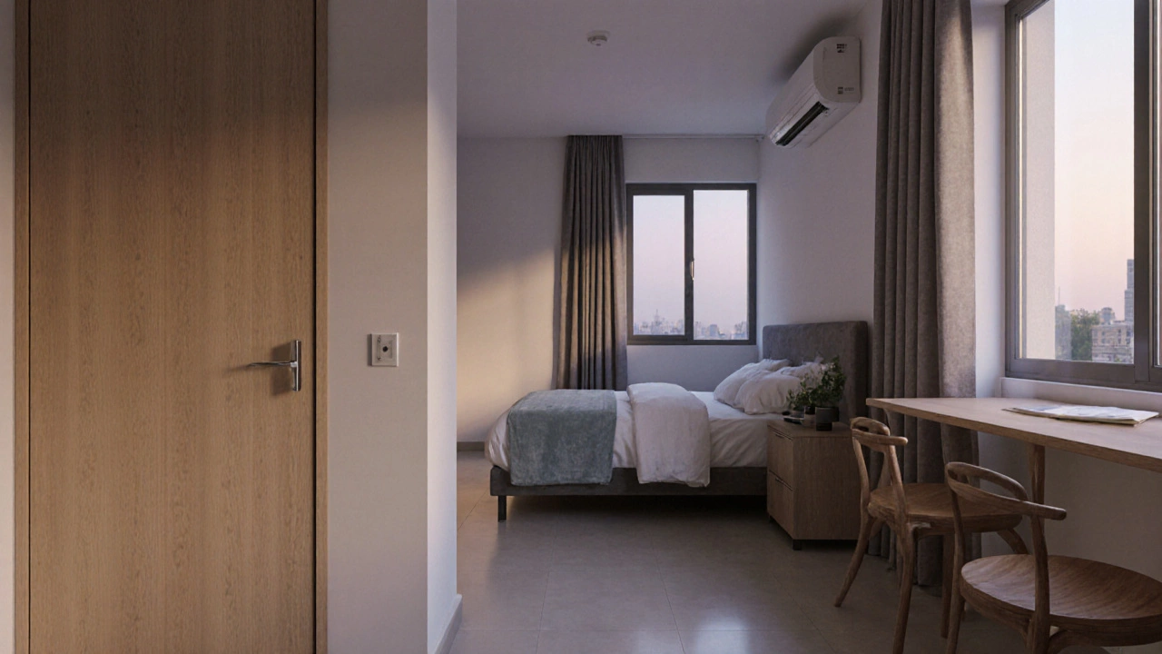 A 1-bedroom apartment in Delhi with closed bedroom door, proper bed, and functional kitchen.