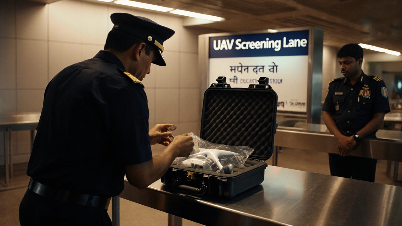 Airport security officer checking a drone case in a dedicated UAV lane.