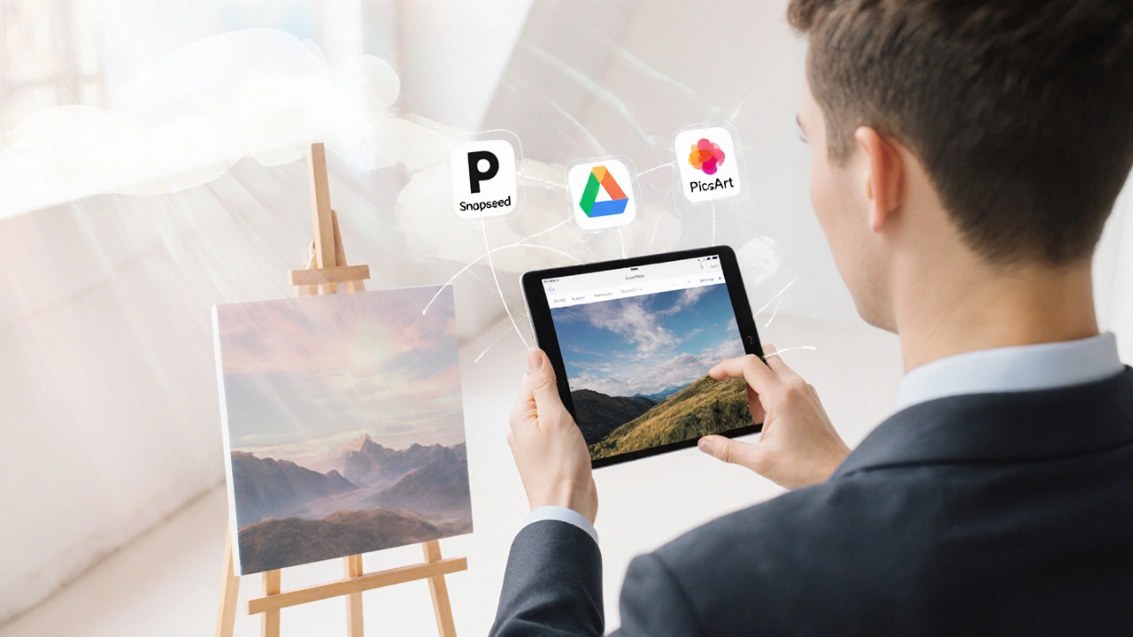 Artist combining edits from multiple apps on a tablet, with a finished photo on a canvas.
