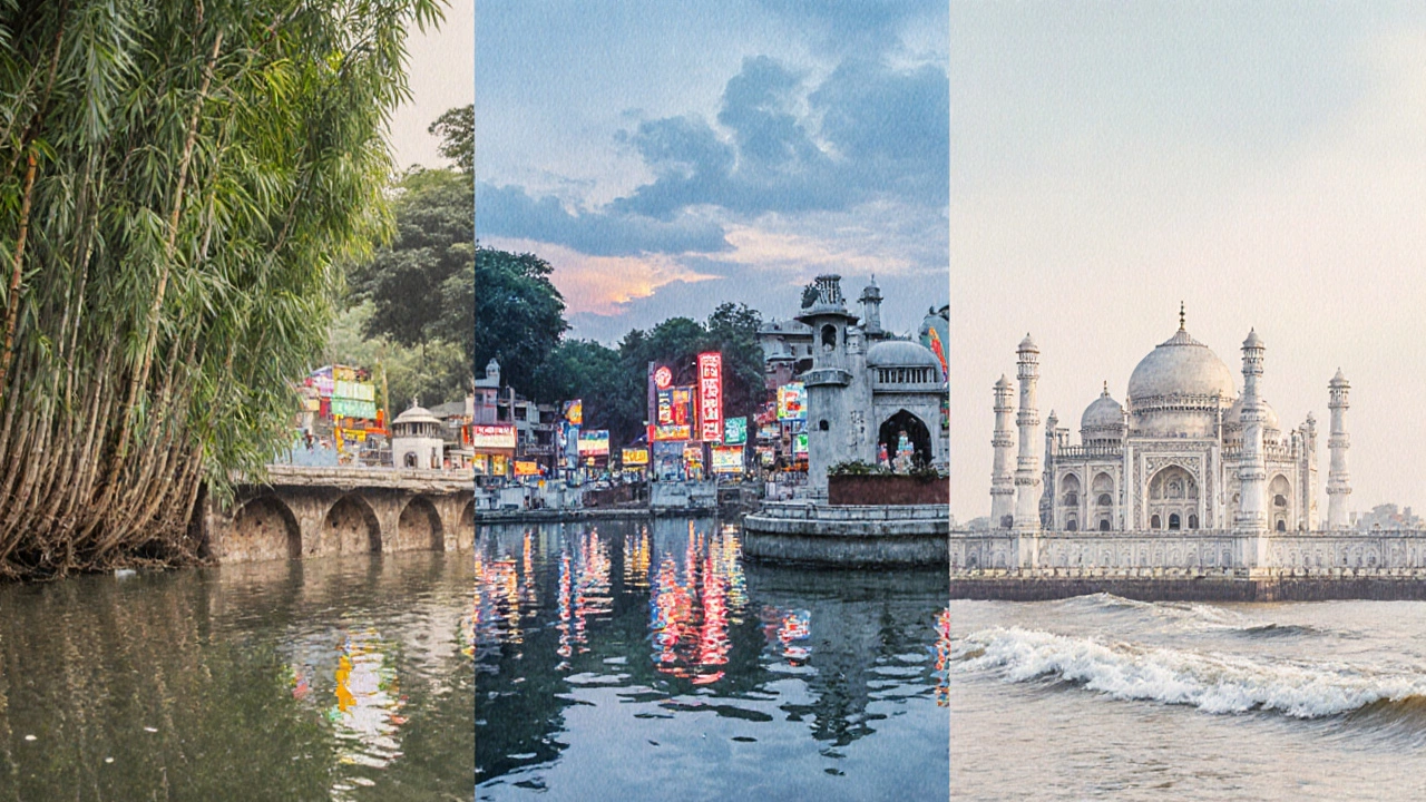 Artistic collage of Banganga Tank, Haji Ali Dargah, and a forest trail in Mumbai.