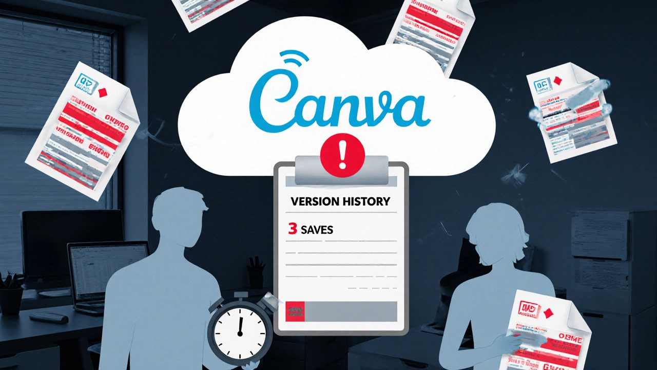 Avatars hover over a cloud, highlighting Canva's limited version history and offline issues.