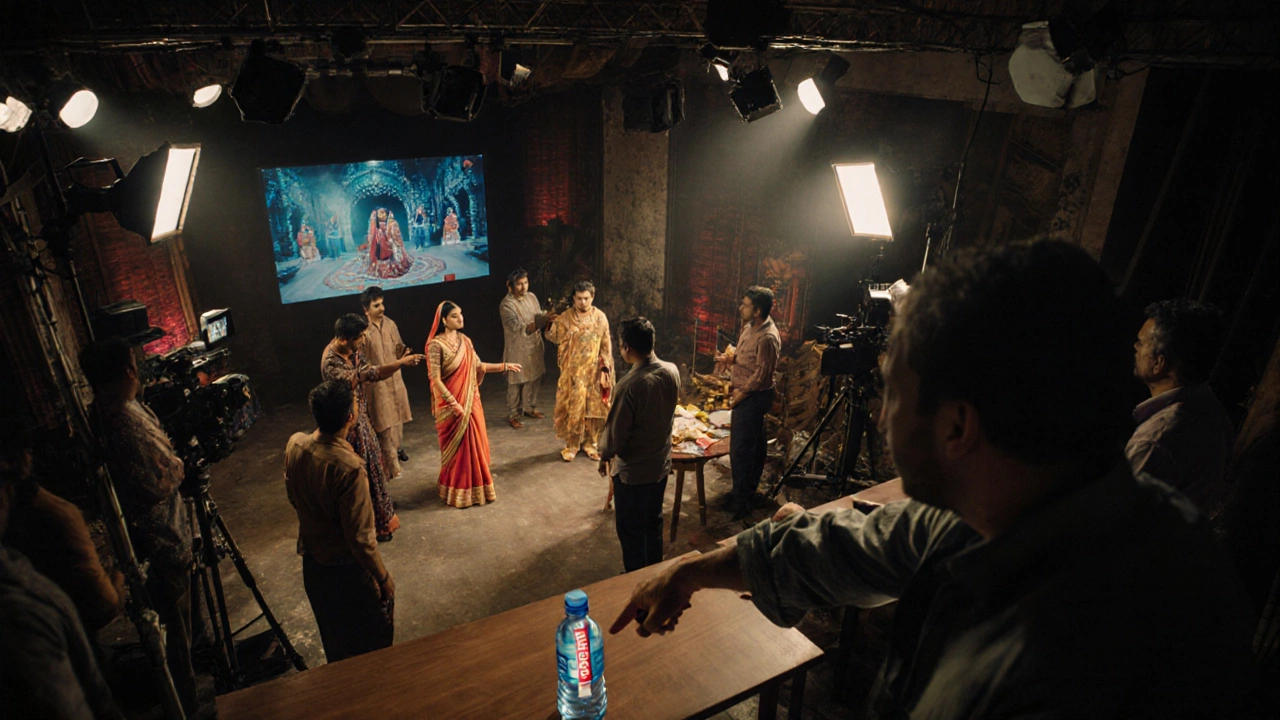 Behind-the-scenes view of a TV studio filming a dramatic serial with product placement visible.