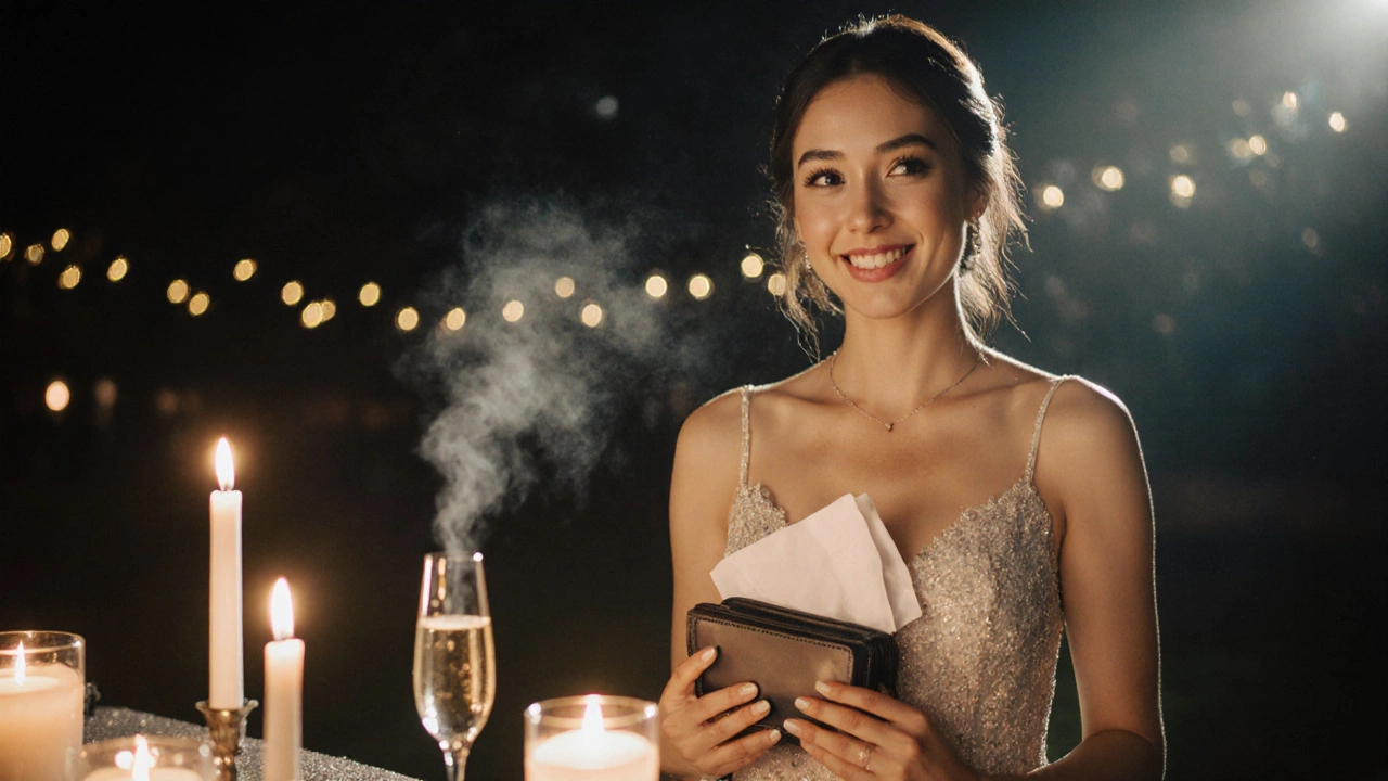 Bride at reception touching up makeup with blotting paper and mist spray.