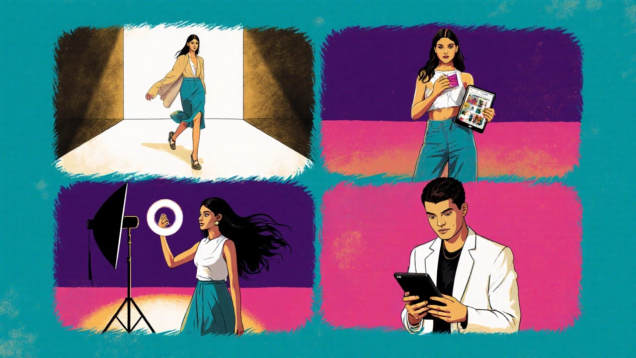 Collage showing runway, commercial, print, Instagram, and freelance modeling scenes.