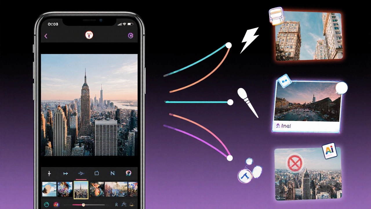 Conceptual decision flow from a raw iPhone photo showing paths for speed, creative filters, and ad‑free editing.