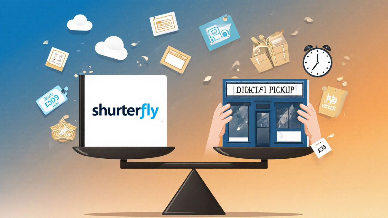 Conceptual scale balancing Shutterfly’s digital conveniences against local print shop’s speed and quality.