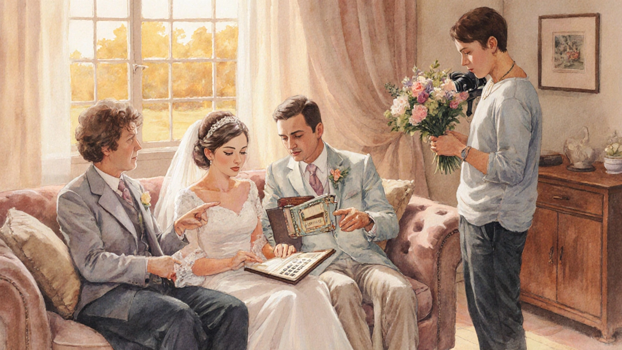 Couple and families discussing wedding budget with a photographer nearby.