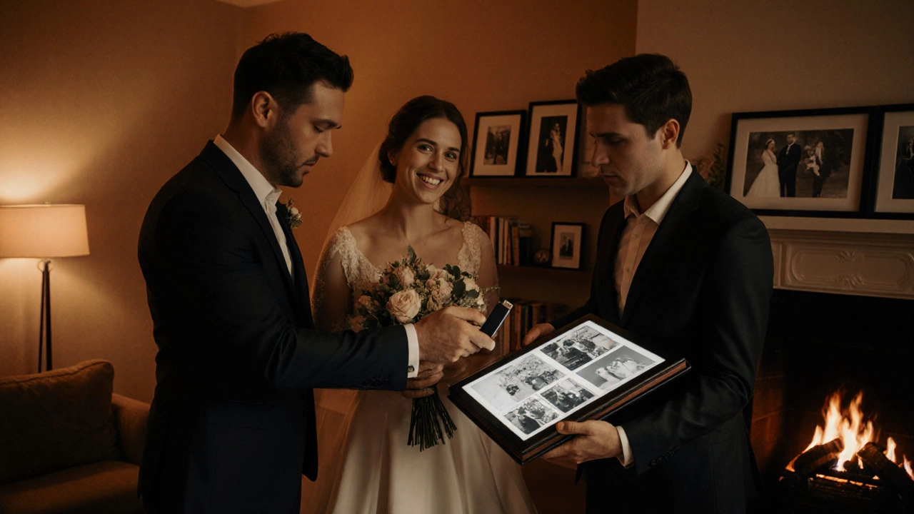 Couple receiving a leather wedding album and previewing photos on a tablet.
