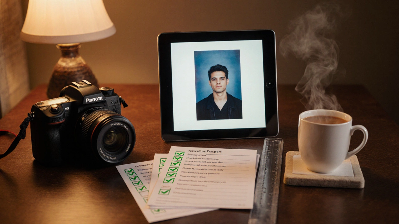 Desk scene with perfect passport photo on tablet, camera, ruler, and checklist with green checks.
