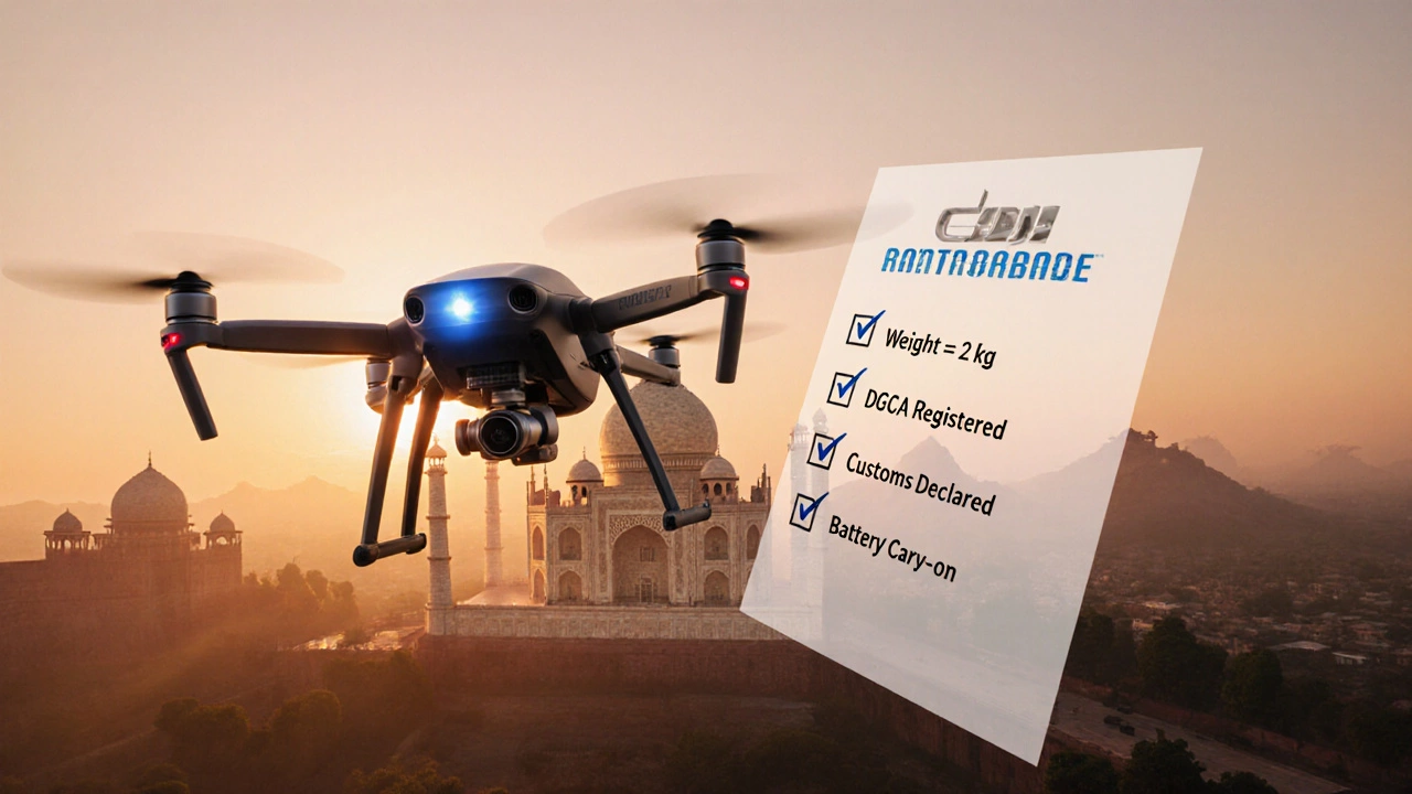Drone flies over Taj Mahal at sunrise with NPNT badge and checklist overlay.