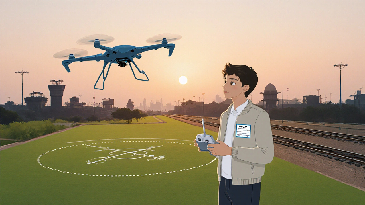 Drone flying over Indian park within permitted radius, pilot holding DGCA certificate.