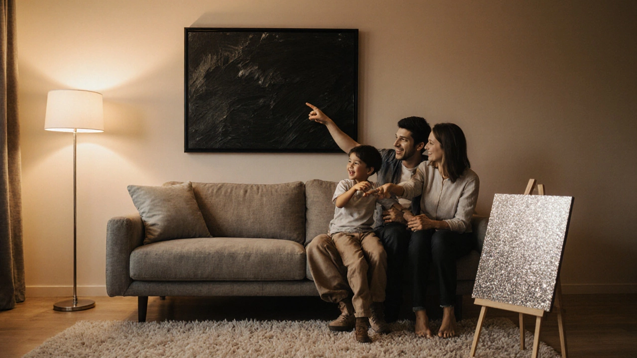 Family in a cozy living room examines a Walgreens canvas and a CVS metallic photo on the wall.