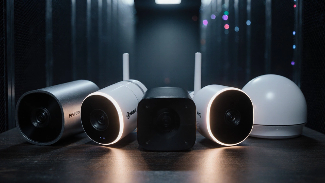Five different security cameras displayed on a wooden table with soft lighting.