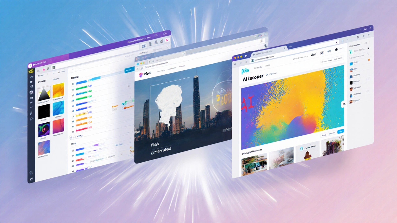 Floating windows display different free online photo editors’ interfaces in a colorful digital illustration.