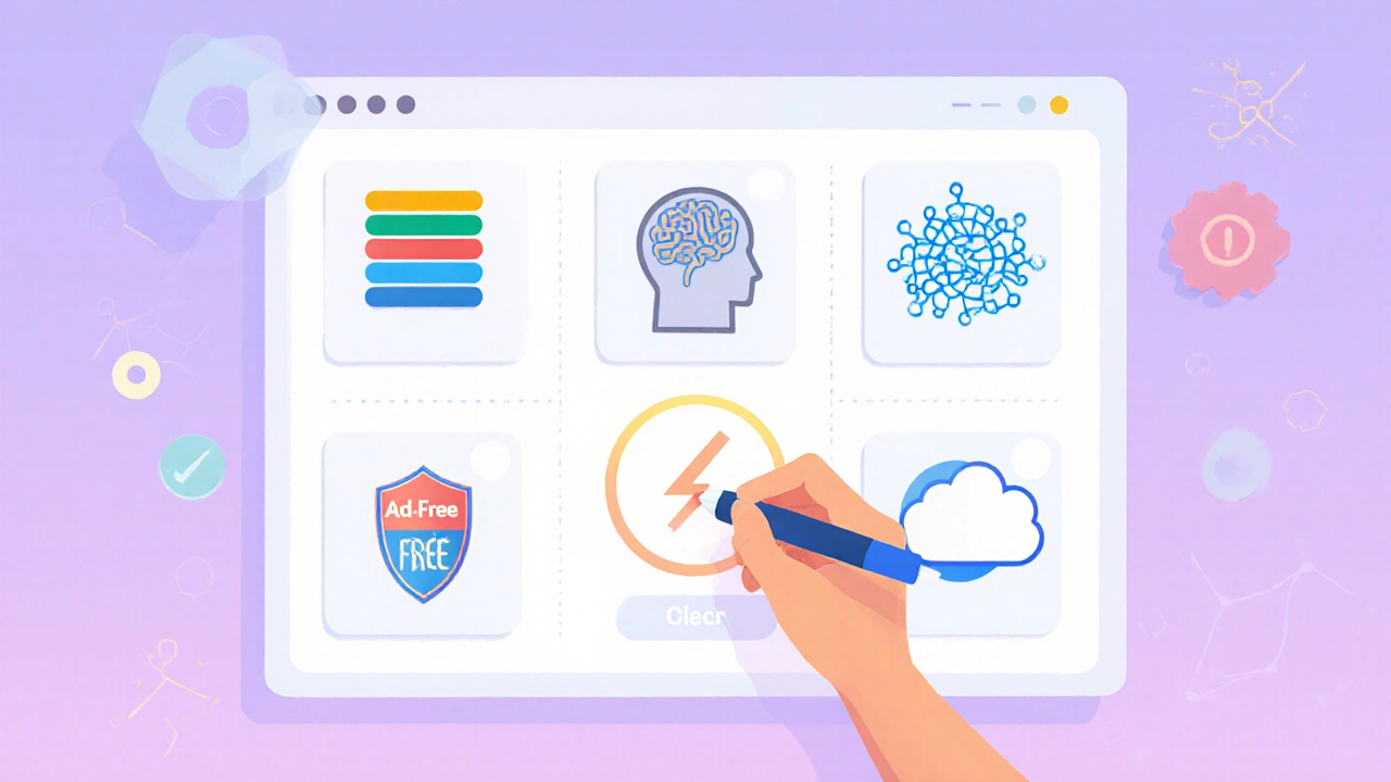 Hand pointing at a virtual checklist of editor features on a pastel vector board, choosing a tool.