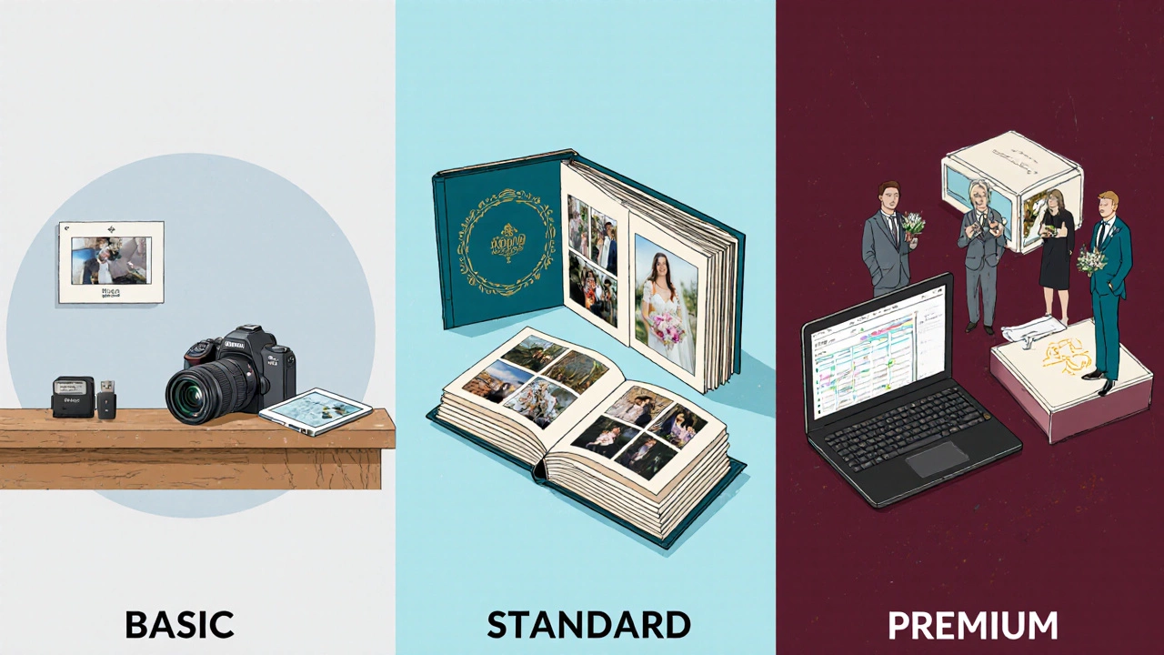 Illustrated comparison of basic, standard, and premium wedding photography packages.