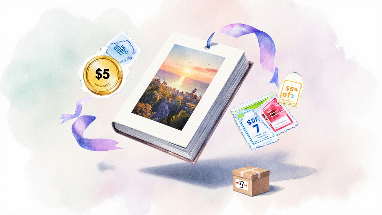 Illustrated photo book surrounded by price tags, a coin, and coupon stamps.