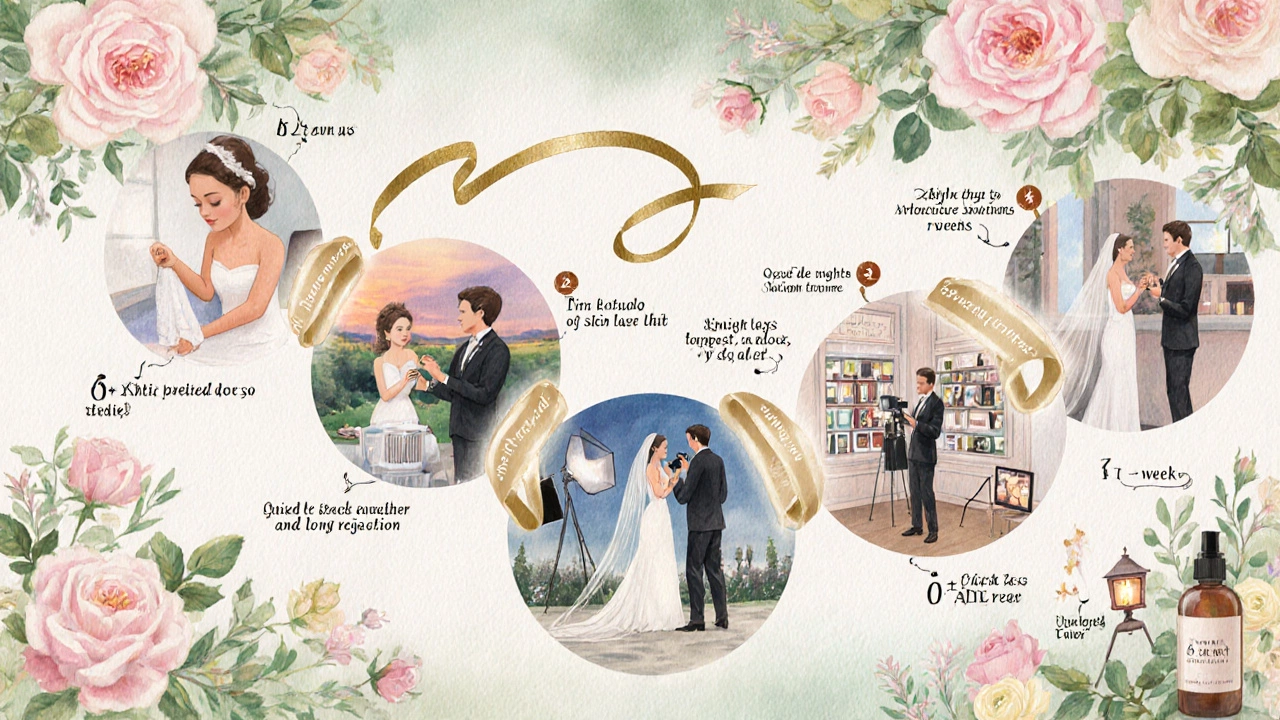 Illustrated timeline showing a bride's makeup schedule from skincare to trial.