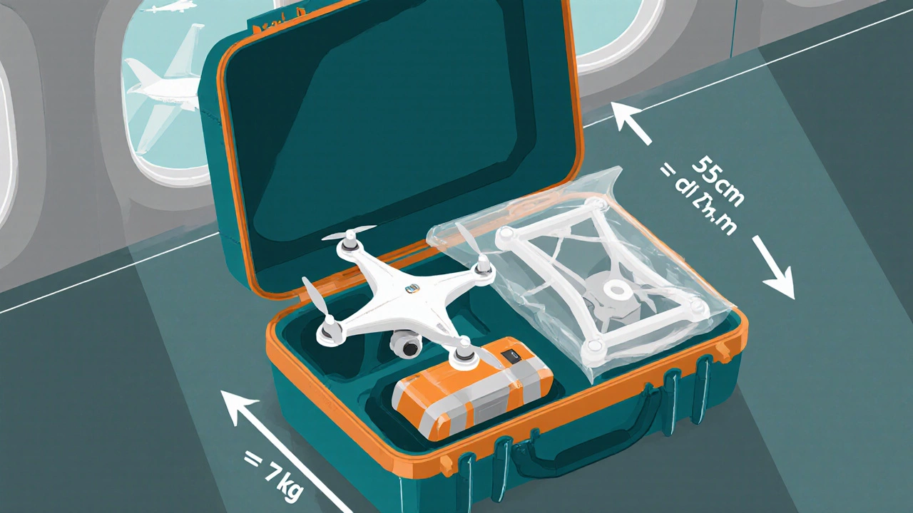 Illustration of an opened drone case with propellers and battery separated.
