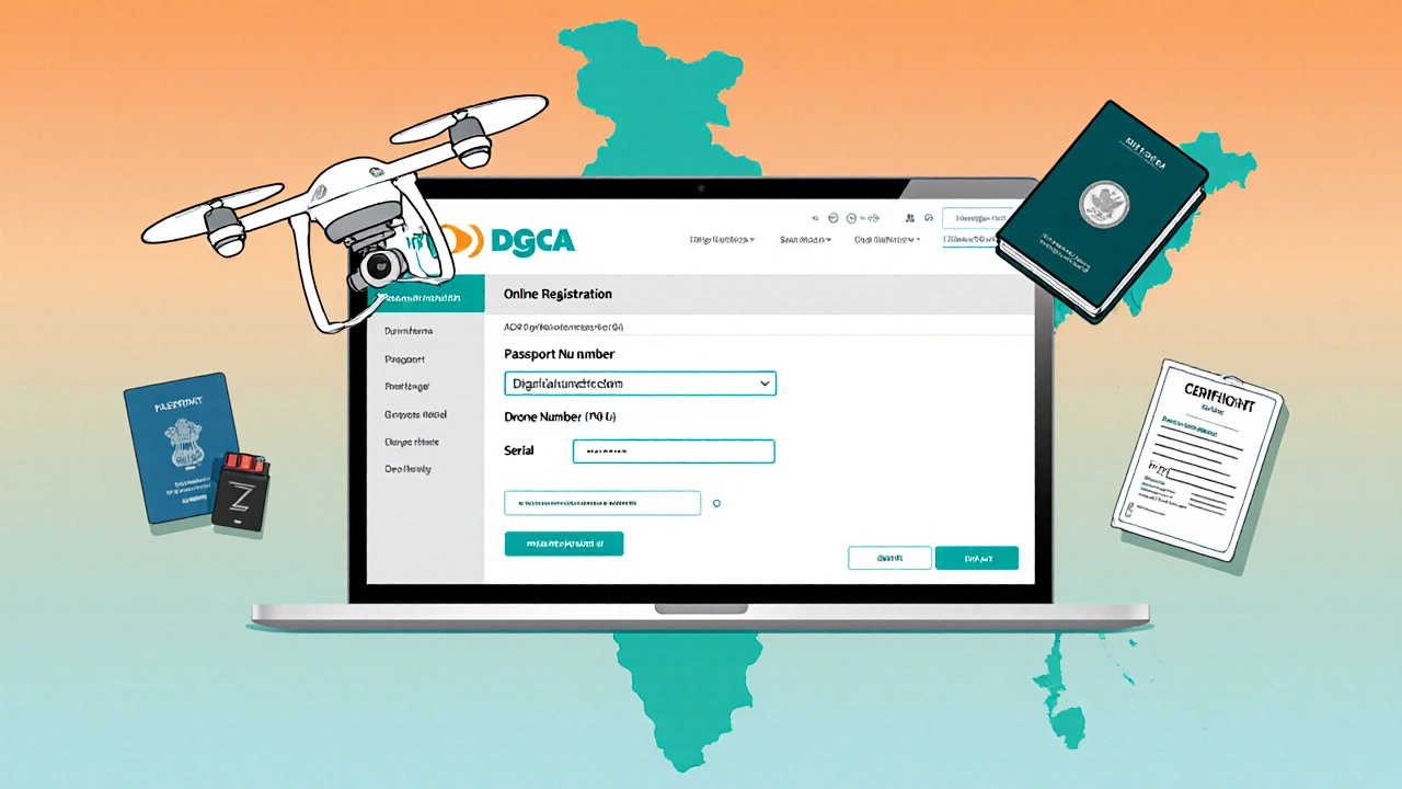 Illustration of DGCA registration steps with laptop and drone icons.