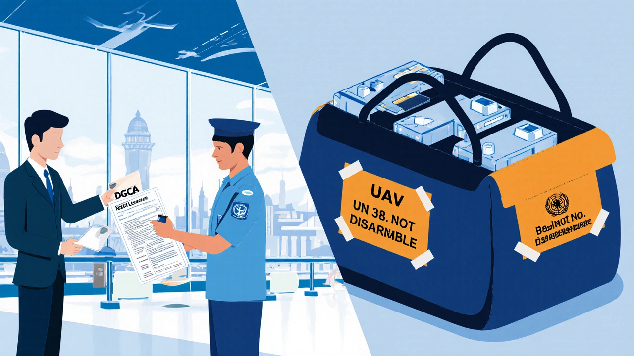 Indian customs officer reviewing DGCA and UAE permits while traveler displays drone bag.