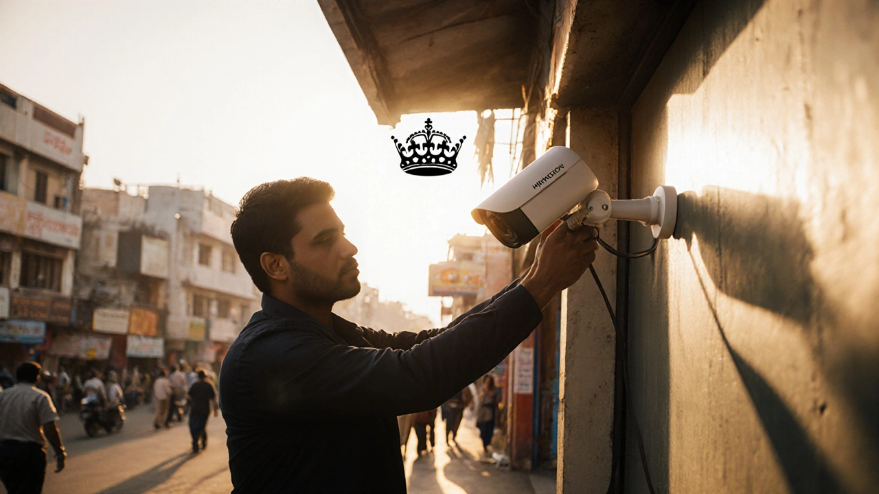 Installer fixing a Hikvision camera on a retail shop wall with a subtle crown overlay.