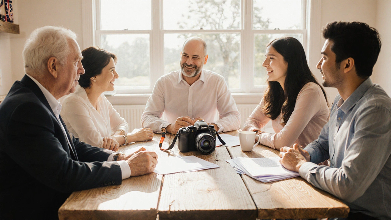 International families meeting over a table with a DSLR and contract papers.
