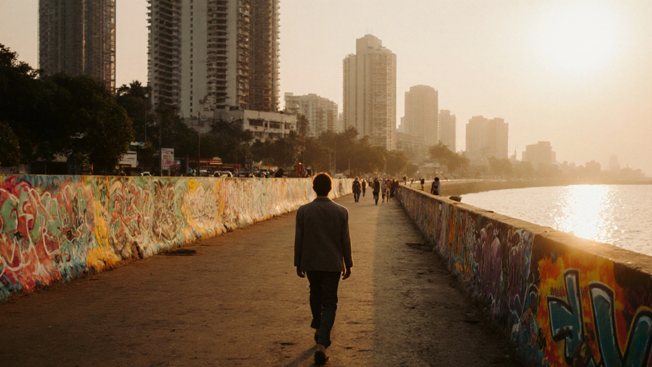 Model walking past colorful graffiti at Bandra Bandstand during golden hour.