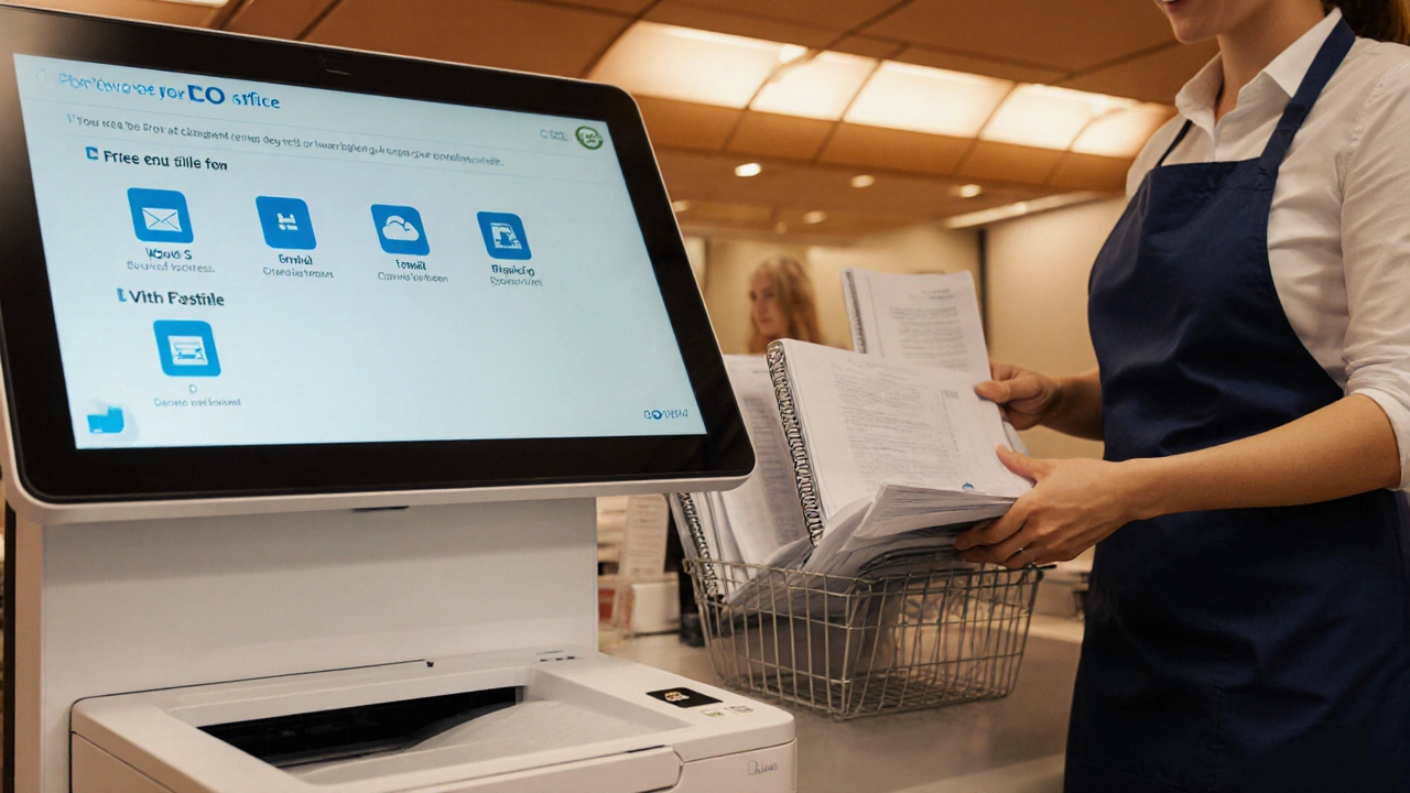 Post Office kiosk touchscreen showing file upload options and a staff member handling printed pages.