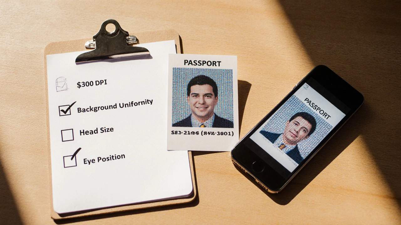 Printed passport photo beside a phone showing the same image, with checkmark icons indicating a final checklist.