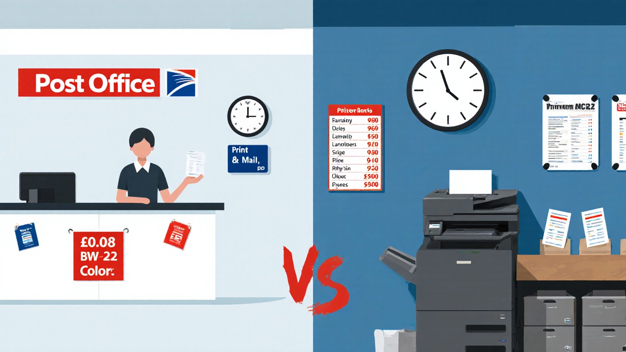Split illustration comparing Post Office printing service and a local copy shop's facilities.