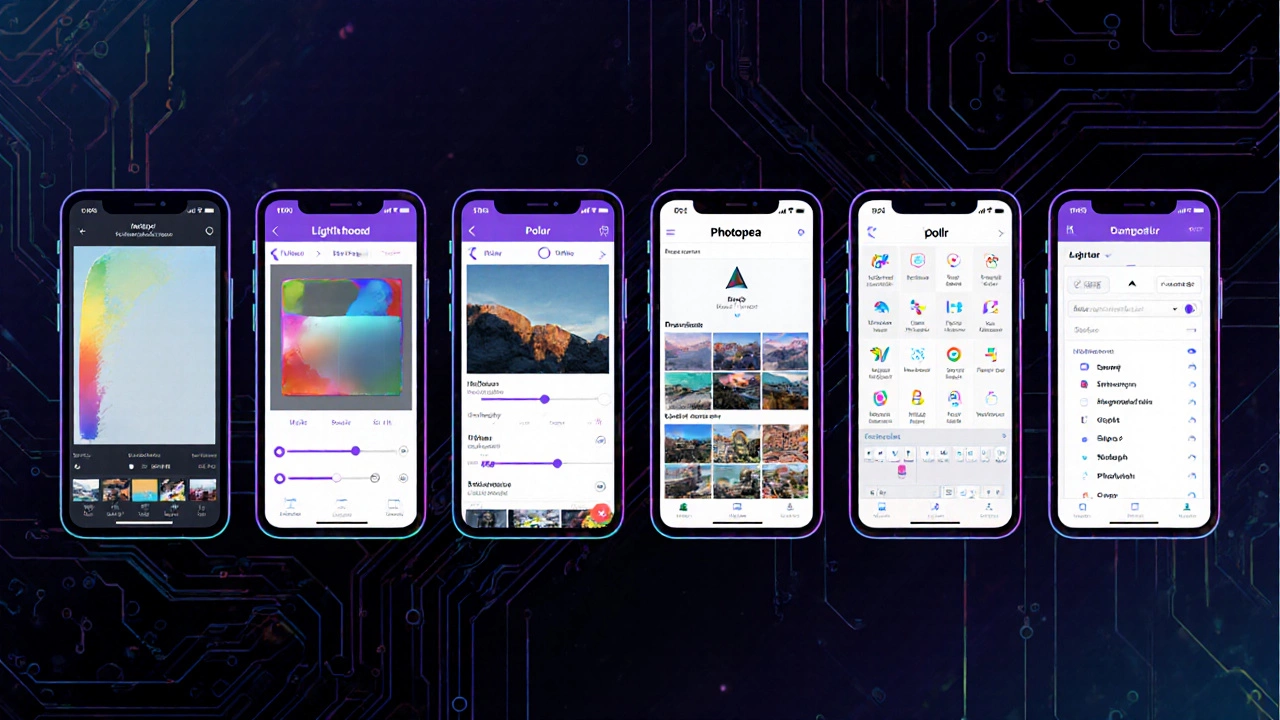 Split panel illustration showing five popular free photo editing apps on various devices.