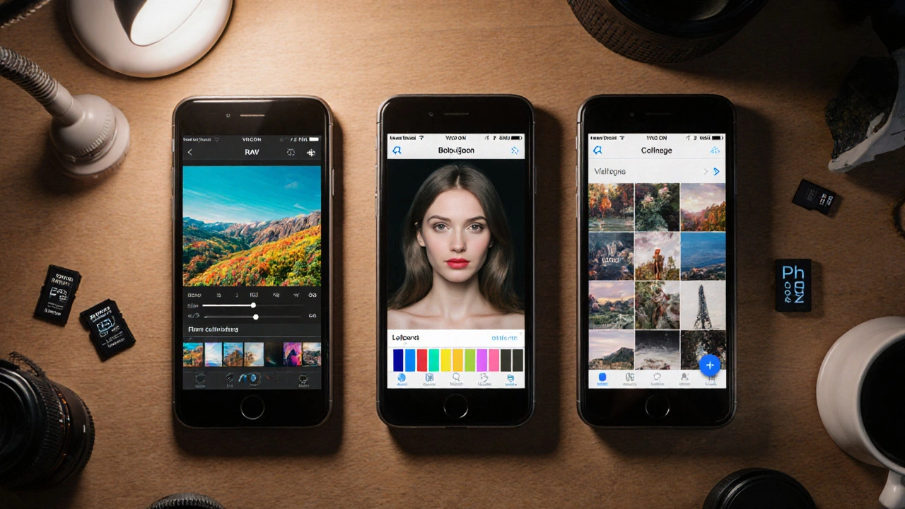 Three iPhone screens side by side showing Snapseed, VSCO, and Photoshop Express editing interfaces on a desk.