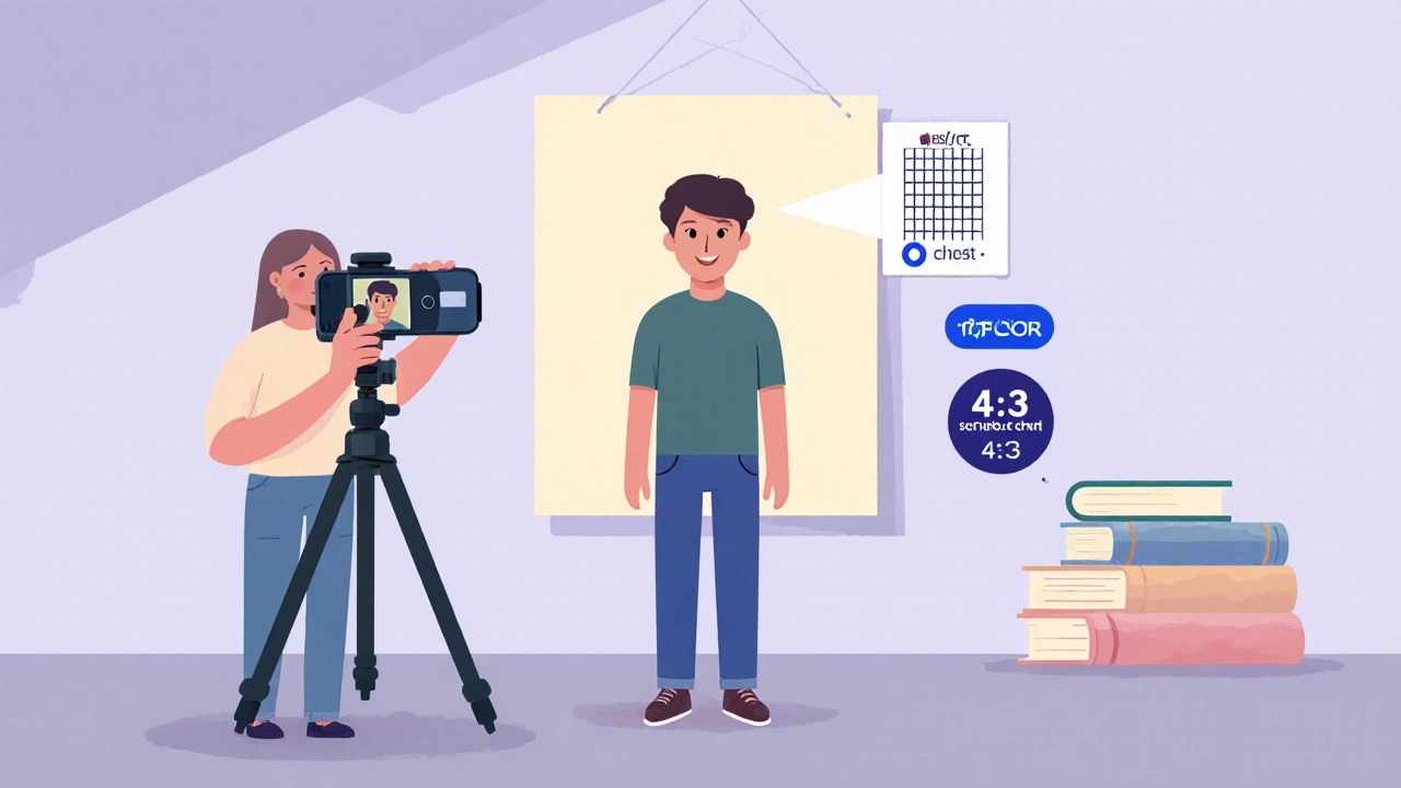 Top‑down illustration of a person taking a passport photo with phone, tripod, and settings icons.