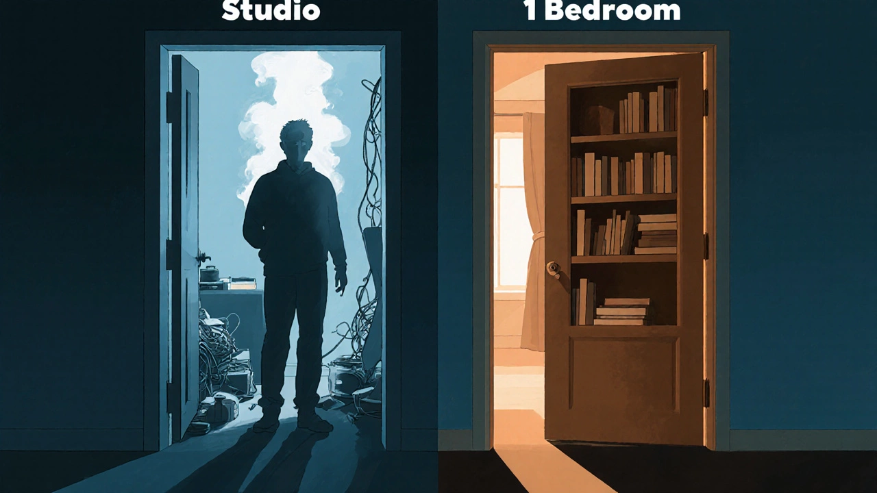 Two doors symbolizing studio vs. 1-bedroom living, one cluttered and stressful, the other calm and organized.