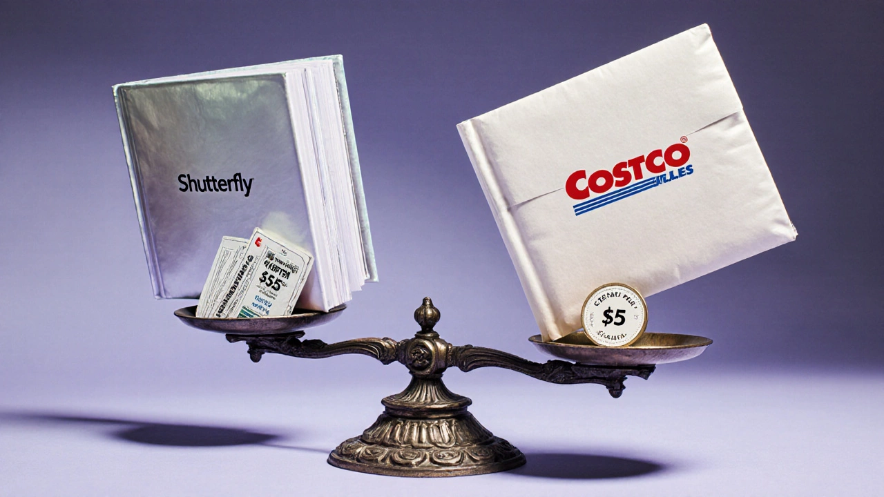 Two identical photo books floating, one in Shutterfly box, one in Costco envelope, balanced on a scale.