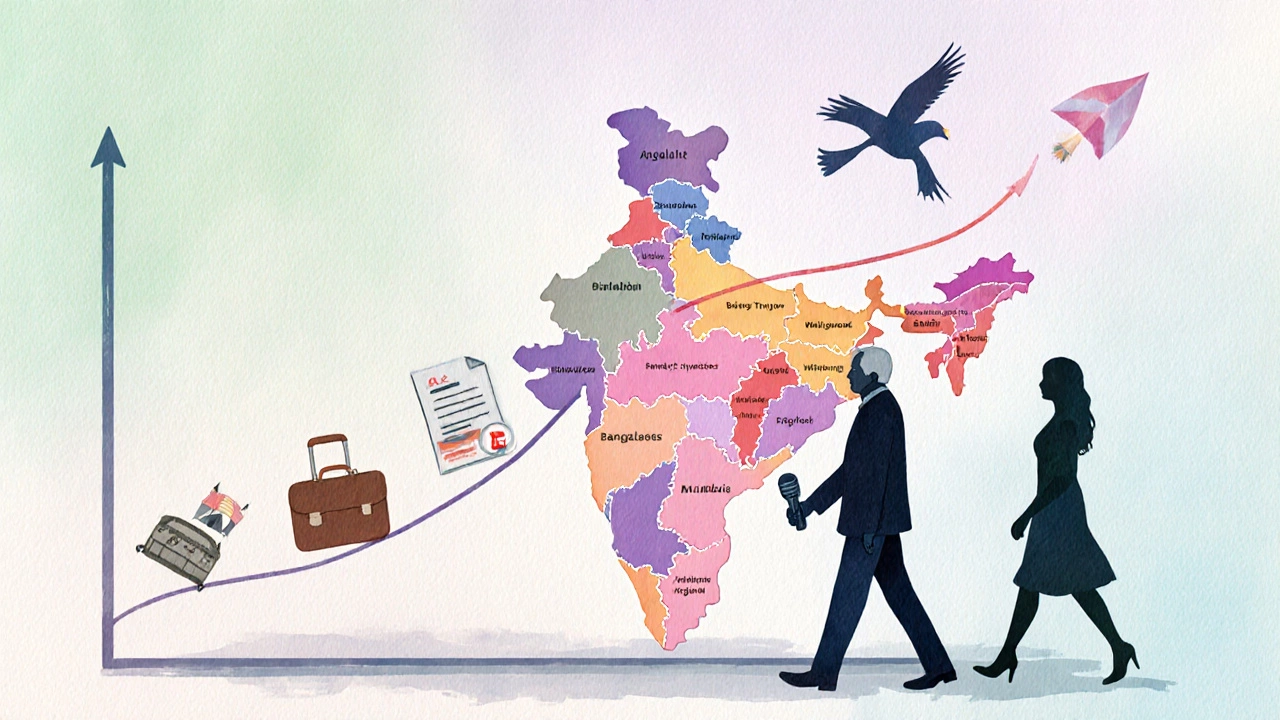 Watercolor map of India with an earnings curve and icons for travel, agency, tax, and social media.