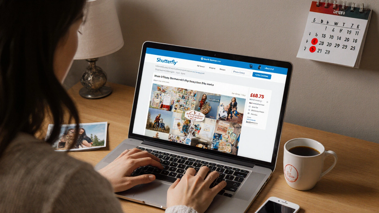 Woman designing a photo album on Shutterfly’s website with high cart total and sale alerts on screen.