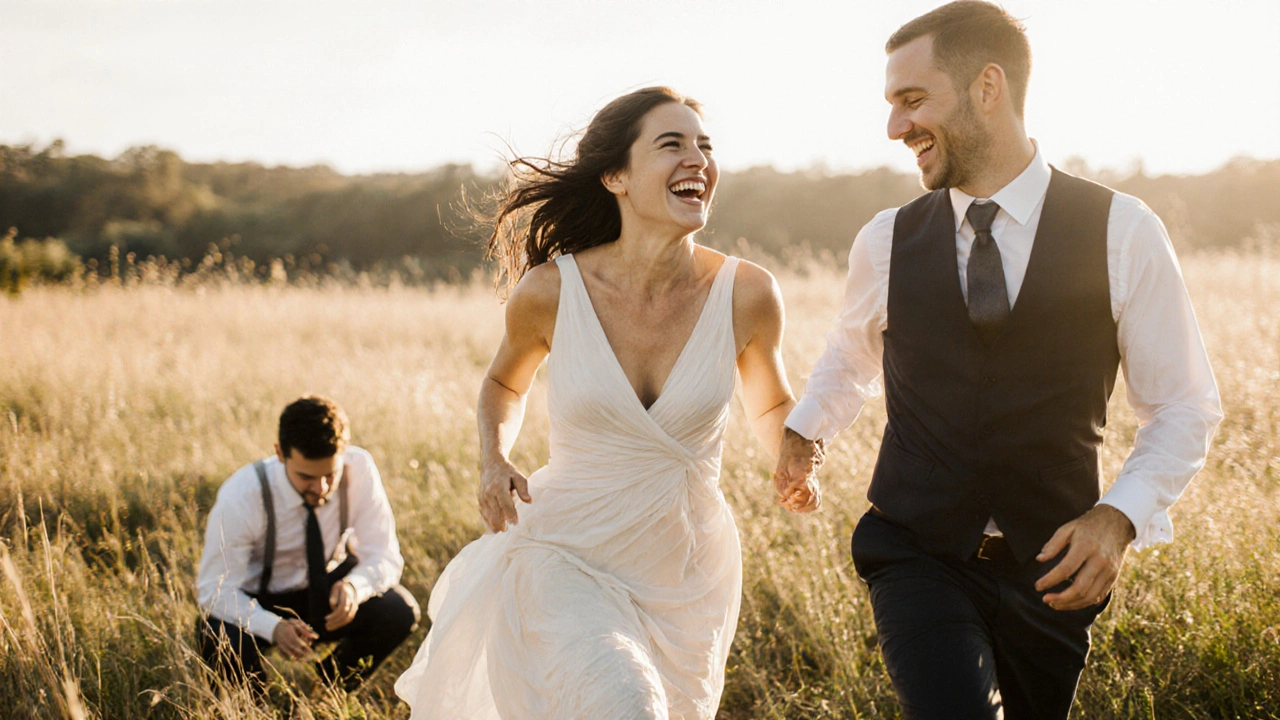 A couple laughs in a sun-drenched field during a private first look moment.