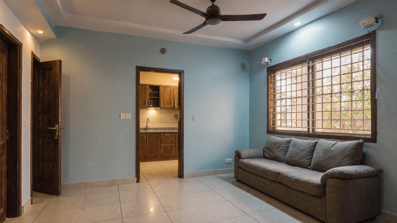 A mid-range 4 BHK home interior with modular kitchen, wooden doors, and recessed lighting in a warm, functional design.