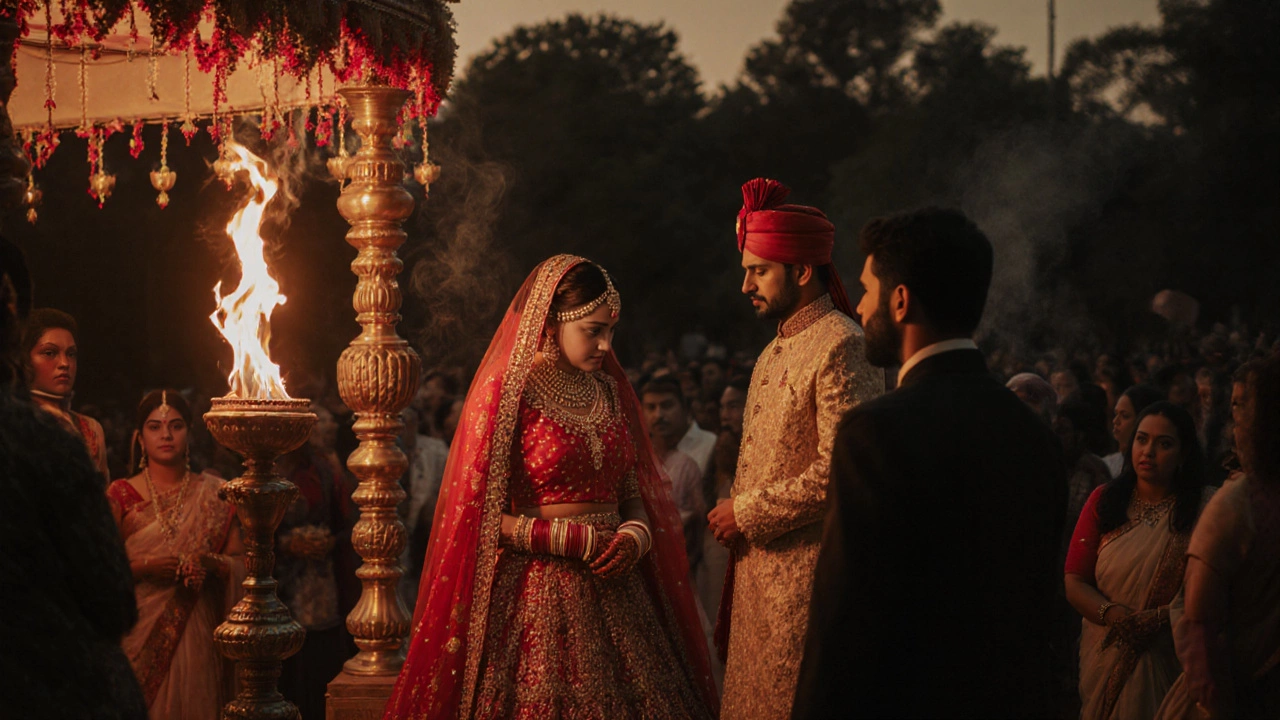 A veiled Indian bride walks toward the wedding mandap as the groom waits in reverence.
