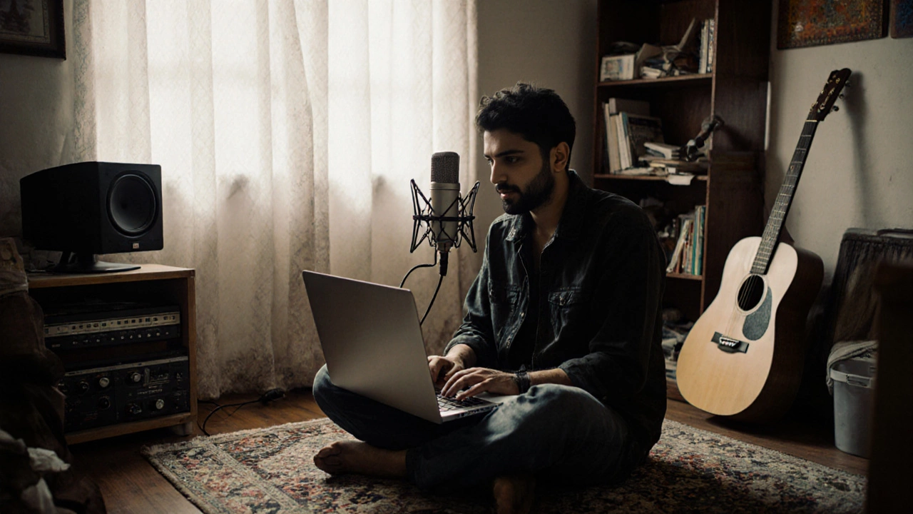 An indie artist recording vocals in a simple home studio with a laptop and basic microphone.