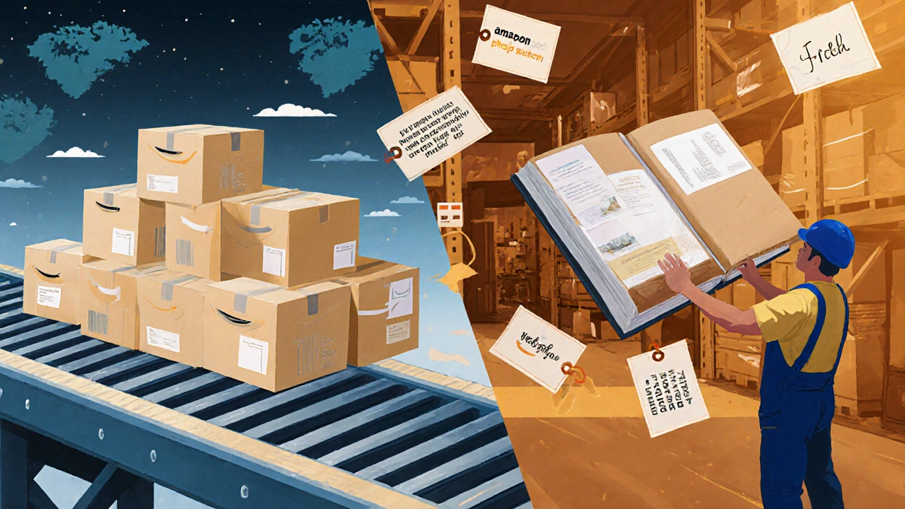 Contrast between mass-produced packages and handcrafted photo album in warehouse.