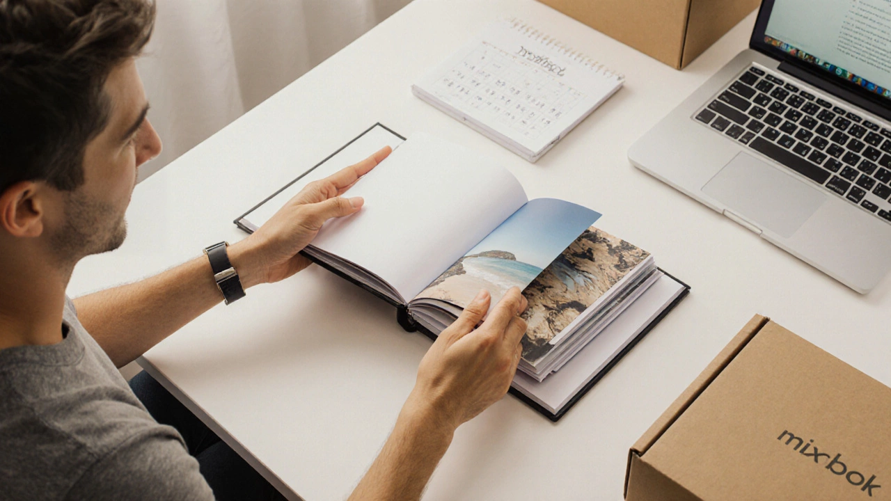 Couple opening a premium photo album, holding hands, with shipping boxes and laptop in background.
