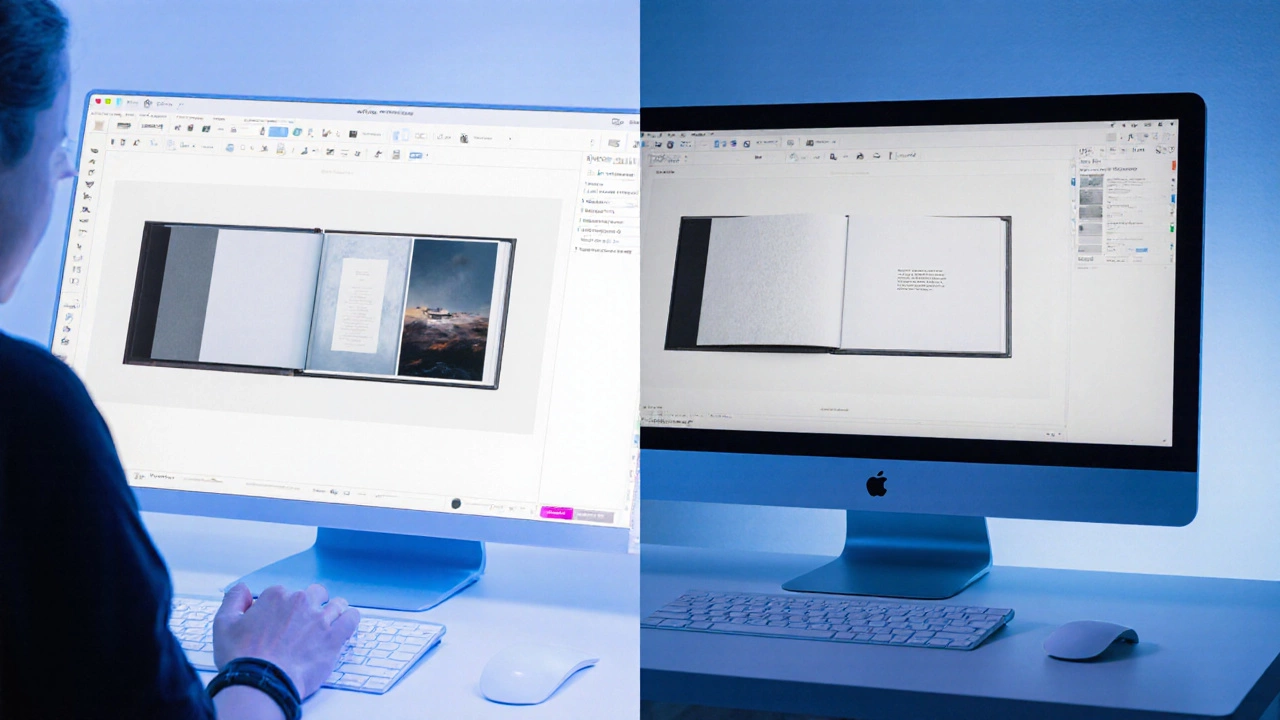 Designer working on a minimalist photo album layout with color-accurate preview on screen.