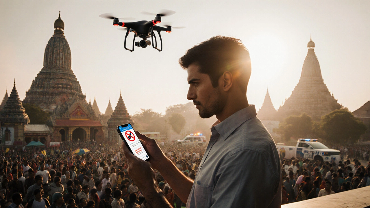 Drone operator checking a no-fly zone alert on their phone near a temple during a crowded festival.