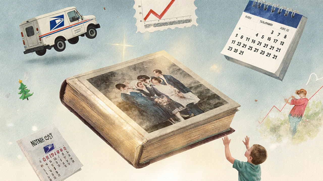 Floating photo album surrounded by symbols of shipping costs and family memories.