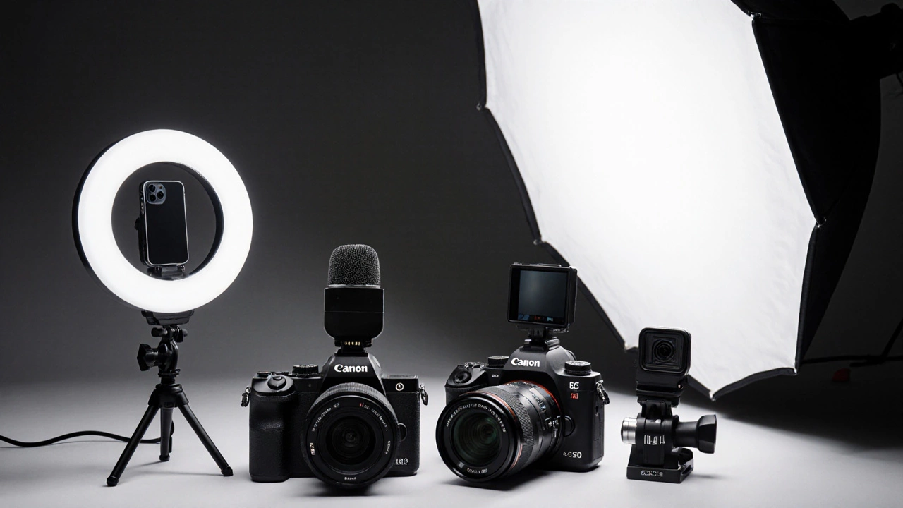 Four popular YouTube cameras arranged with essential accessories: iPhone, Canon, Sony, and GoPro.