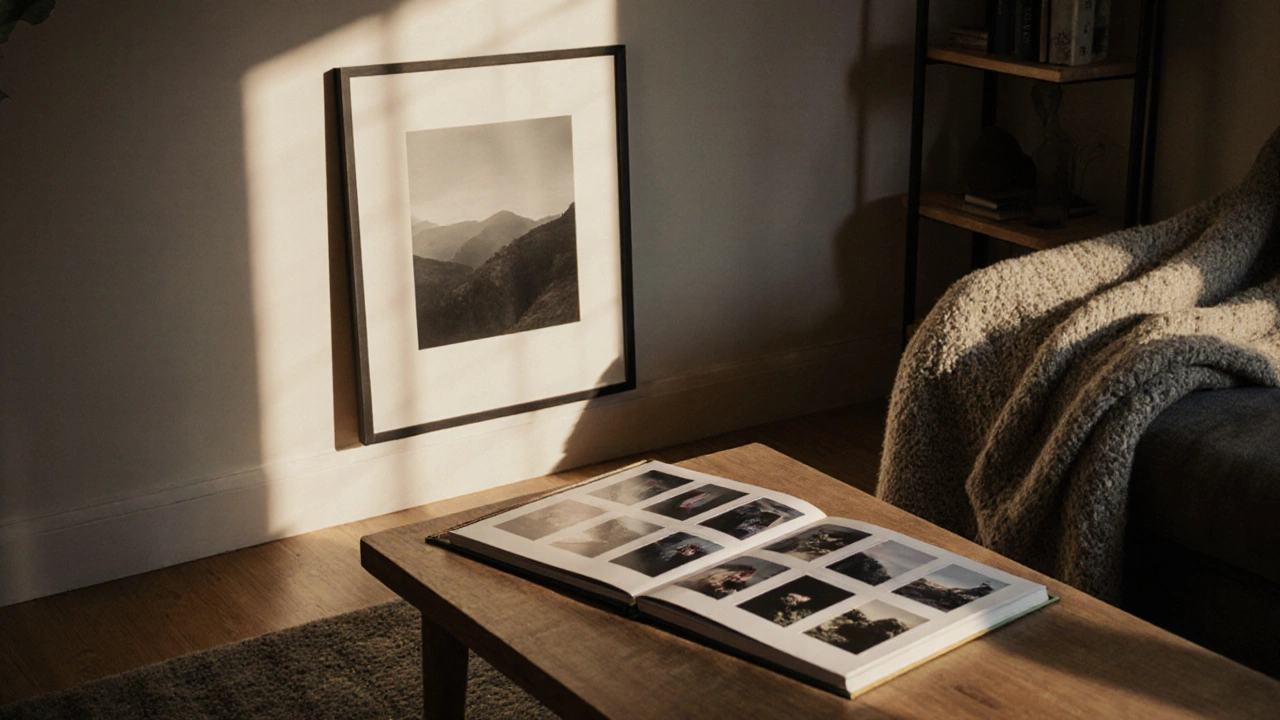 Framed matte photo on wall beside open photo album in cozy living room, no glare, natural lighting.