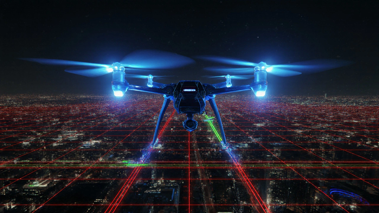 Futuristic drone hovering over a city with invisible legal boundaries glowing in red and green.